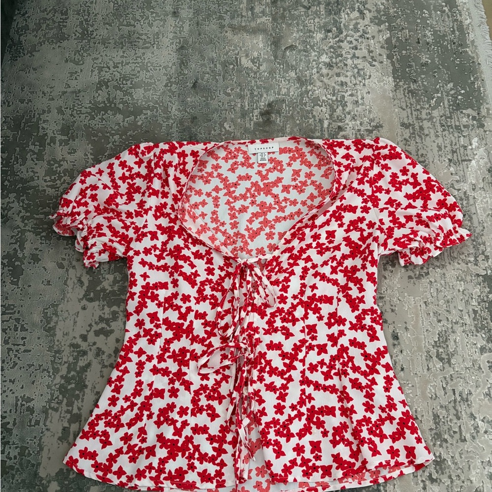 Topshop Red and White Floral Blouse